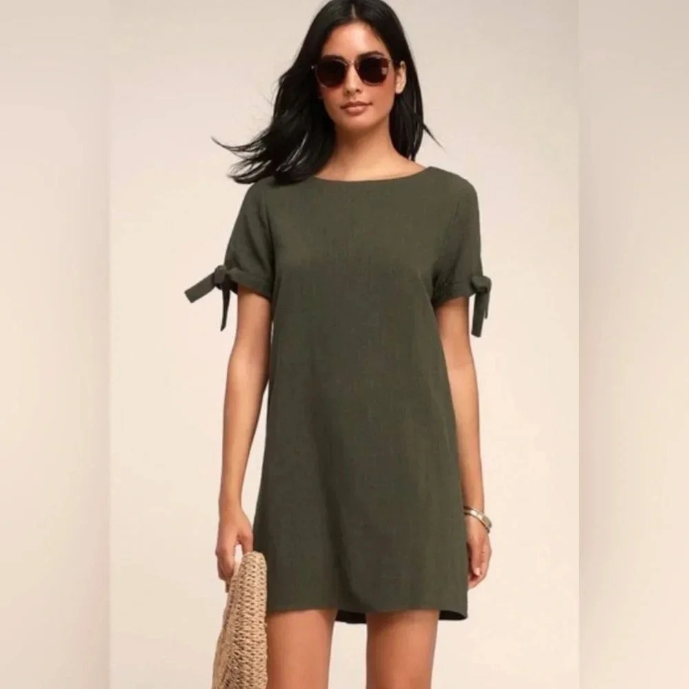 Lulus Maeve Olive Green Button Back Shift Mini Dress‎ Small EUC
